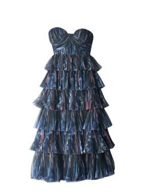 Hutch Simi Plissé Ruffle Strapless Gown Navy Romantic Floral Size 2/4 NWT